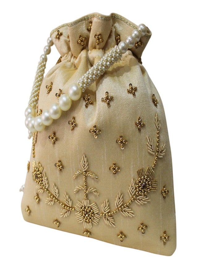 MILAN'S CREATION : Pearl & Zardosi Potli Bag Hand Embroidery Drawstring Potli Women's Handbag Purse With Pearl Handle & Tassel Purse (Gold) - Image 3